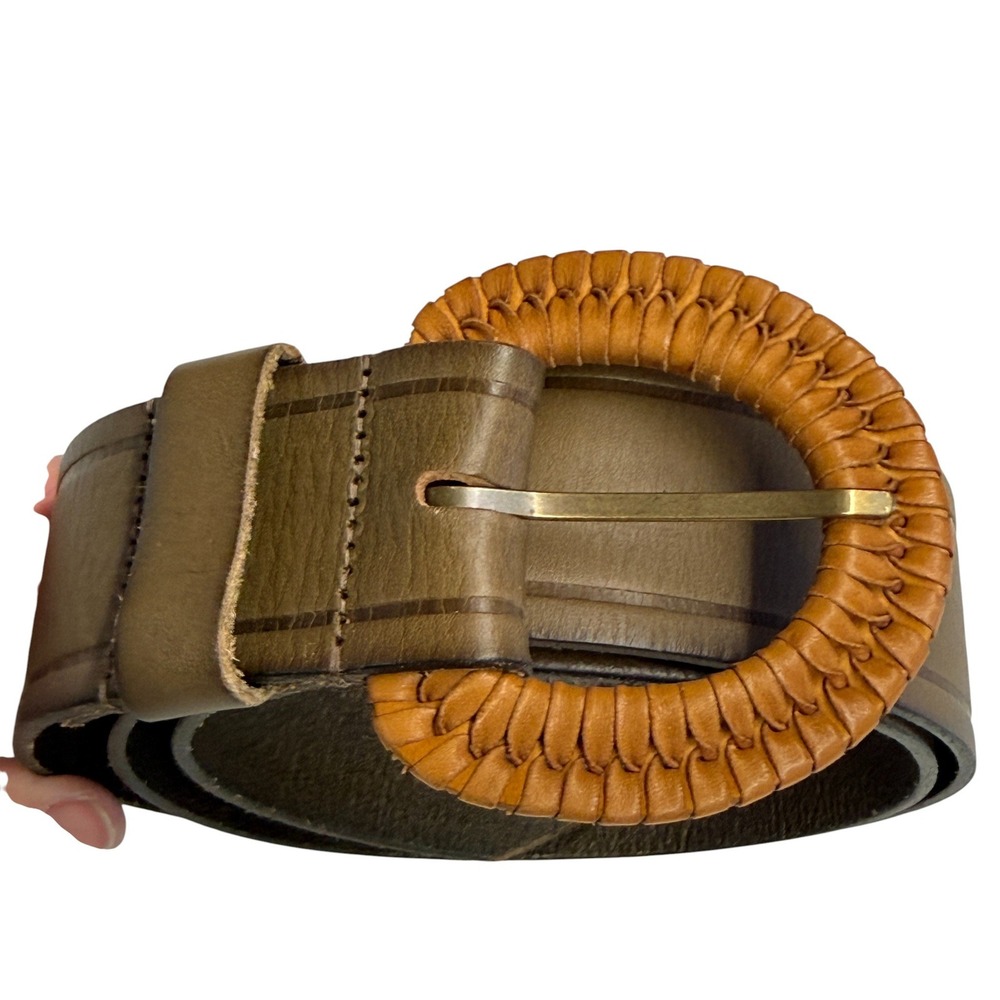 Linea Pelle Women's Belt Genuine Brown Leather Braided Buckle Medium